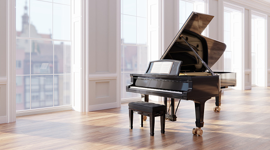 Classic grand piano in classical style room interior. Musical instrument