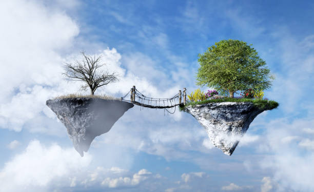 istock Bridge connecting desolate land and green positive floating island 1481945381