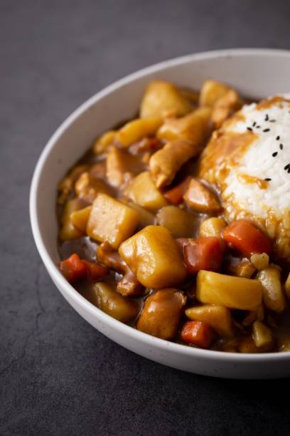 Vertical shot of delicious Japanese curry in a white ceramic bowl with a plenty of copy space