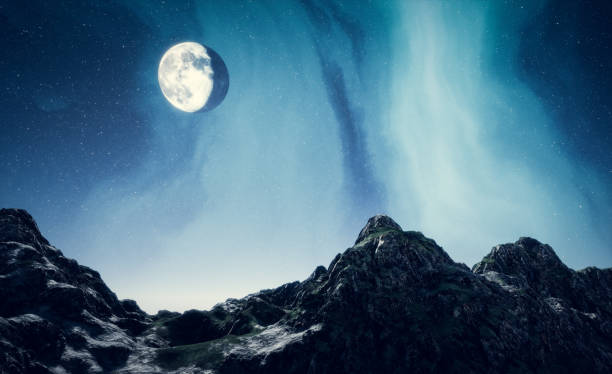 istock Mountains landscape at night sky with moon and northern lights 1481946694