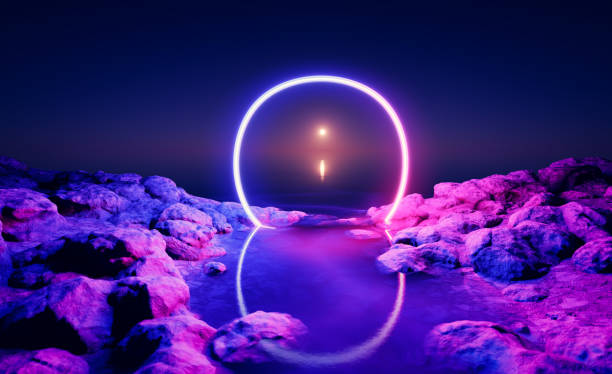 istock Neon circle light in rocks and ocean at night. 1481946703
