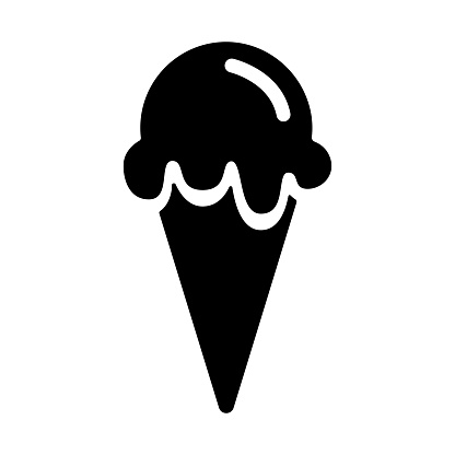 Ice cream icon, black silhouette on white. One ice ball in waffle cone, segmented shape in stencil style. Vector element for minimalist summer design and print, street food illustration or logo.