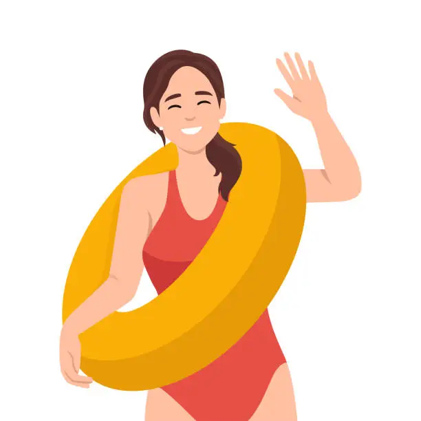 Vector illustration of Smiling woman lifeguard in swimsuit posing with inflatable ring. Happy female guard in swimwear with lifebuoy