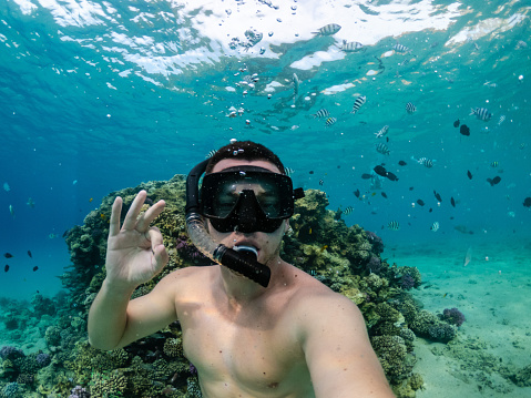 Young snorkeling man taking underwater selfie in Red sea
