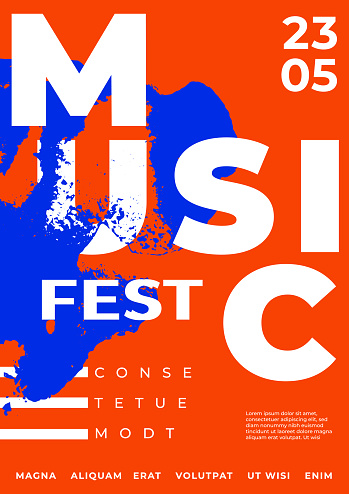 Music fest poster template with flowing colorful liquid. Texture with splatter ink and typography. Background for cover, banner, exhibition, festival. Abstract dark blue and red paint streaks.