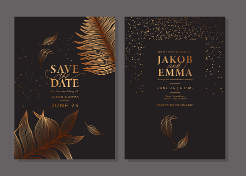 Set of luxury golden wedding invitation cards. Bronze templates with tropical plants, palm leaf, fern, linear branches, glitter. Save the date. Vector background. Layout design with shiny elements.