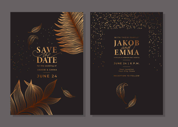 Set of luxury golden wedding invitation templates Set of luxury golden wedding invitation cards. Bronze templates with tropical plants, palm leaf, fern, linear branches, glitter. Save the date. Vector background. Layout design with shiny elements. making a reservation stock illustrations