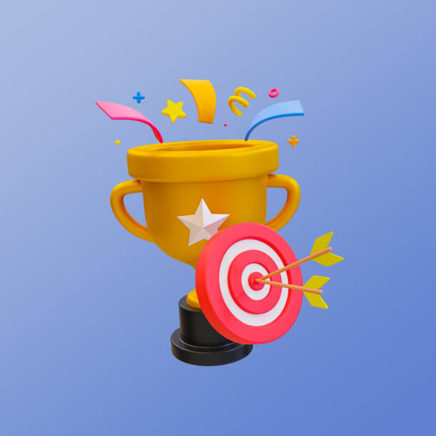 istock 3d minimal goal achievement concept. mission complete. winner award. trophy cup celebration with dartboard. 3d illustration. 1481972865
