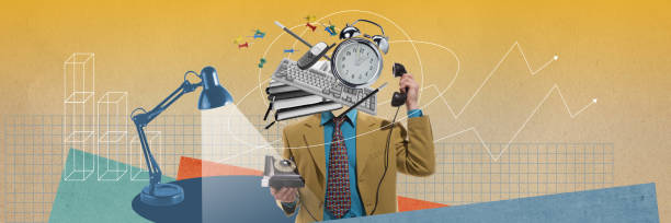 istock Deadlines and brainstorming,. Businessman with many professional tools on head working, answering and checking. Contemporary art collage. 1481974904