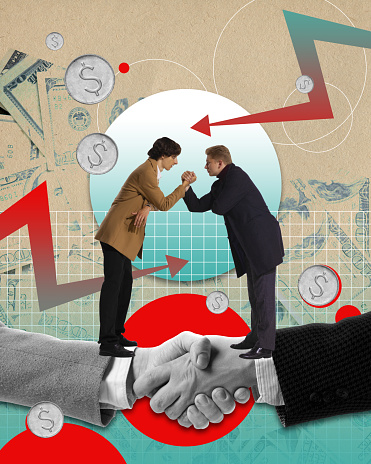 Professional competition and betting. Two male employees shaking hands and making financial agreement. Win and lose. Contemporary art collage. Concept of business, career development. Creative design