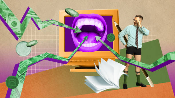 istock Concentrated businessman checking business analytics, working on financial company growth. Contemporary art collage. 1481974914