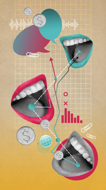 istock Professional talks and information. Female mouths connected with lines, talking about finances and analytics. Contemporary art collage. 1481974934