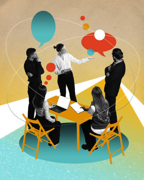 istock Team meeting, conference. Employees working together on new project, discussing current questions. Contemporary art collage. 1481974936