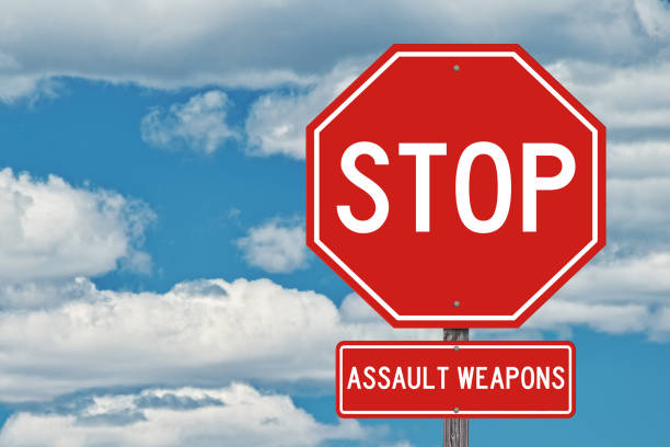 istock Stop Assault Weapons Sign on Blue Sky Background 1481977711