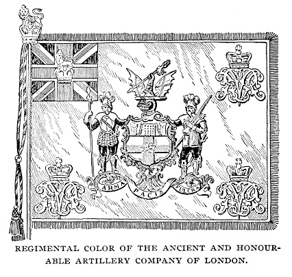 Regimental Colors of the Ancient and Honorable Artillery Company of London, 1897. Illustration published 1897. Original edition is from my own archives. Copyright has expired and is in Public Domain.