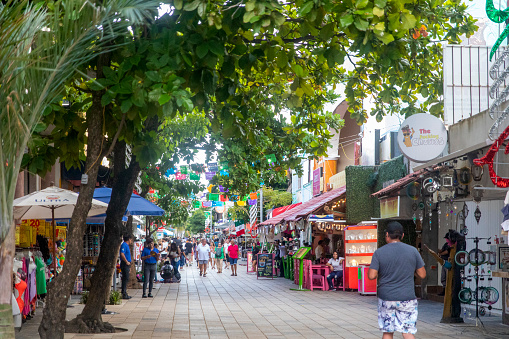 Playa del Carmen; Mexico; March 31, 2023: The fifth avenue of the city of Playa del Carmen in Mexico, is the busiest street for tourists visiting this Mexican city.