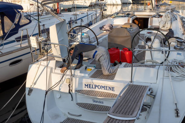 Sailboat maintenance and repair. stock photo