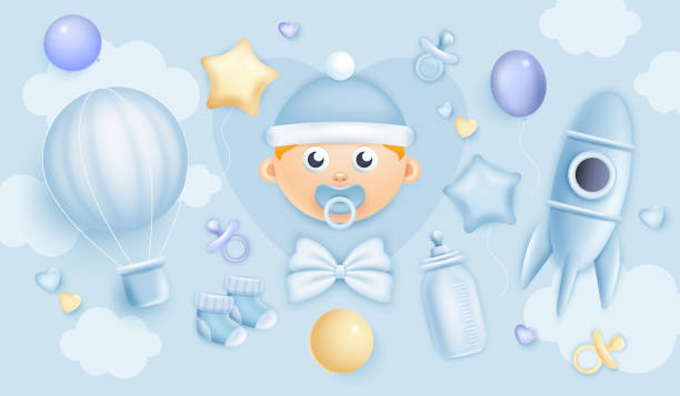 ilustrações de stock, clip art, desenhos animados e ícones de baby shower. 3d boy birthday background. baby birth party. blue invitation design with rocket and air balloon. newborn toddler face. kids toys and bottle. vector realistic cute banner - baby congratulating toy birthday
