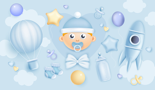 Baby shower. 3D boy birthday background. Baby birth party. Blue invitation design with rocket and air balloon. Newborn toddler face. Kids toys and bottle. Greeting card. Vector realistic cute banner