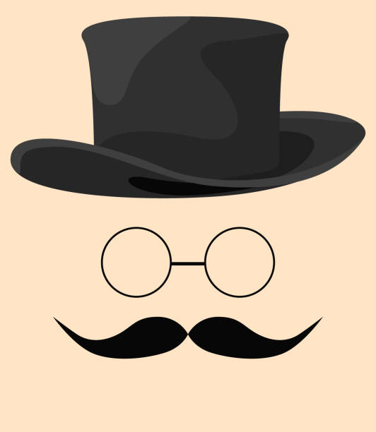 istock Cartoon hat and eyeglasses. Black silhouette gentleman cylinder cap and mustache. Male face. Barbershop logo. Man head old elements. Circle glasses. Dandy style. Vector illustration 1481990112