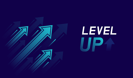 Level up with arrows isolated on dark background. Design concept for business and game. Vector illustration.