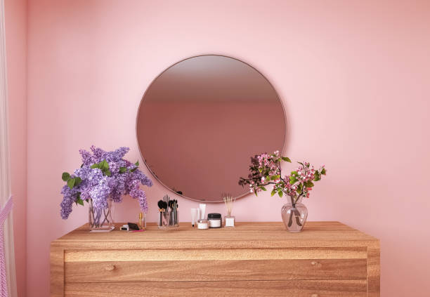 istock Room interior, mirror, flowers 3d render, 3d illustration 1481990229