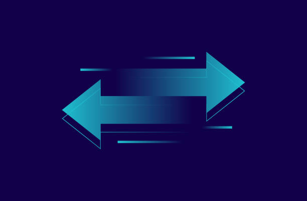 Transfer arrows design concept. Two arrows with different directions left and right. Concept of digital money send, receiving or exchanging data, currency exchange, file backup. Vector illustration Transfer arrows design concept. Two arrows with different directions left and right. Concept of digital money send, receiving or exchanging data, currency exchange, file backup. Vector illustration. right arrow stock illustrations