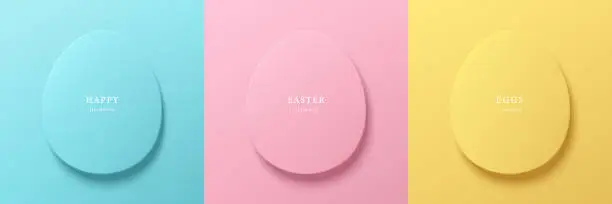 Vector illustration of Set of blue, pink and yellow 3D eggs shape frames with shadow. Elements for happy easter day festival design. Collection of geometric oval for top view product display or text space. Vector eps10.