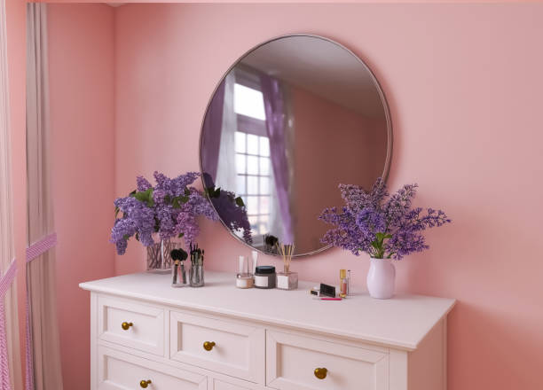 istock Room interior, mirror, flowers 3d render, 3d illustration 1481993666