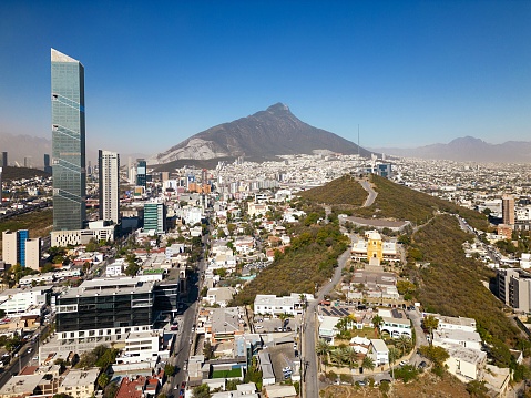 Monterrey Mexico, in the State of Nuevo Leon, is known as “The City of the Mountains.” Aerial drone photo of city centre. Most dangerous city in Mexico.