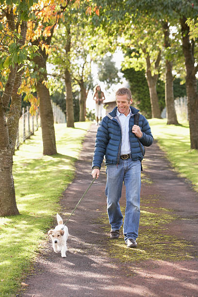 istock Man Walking Dog Outdoors In Autumn Park 148199588