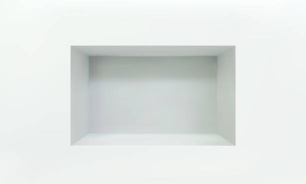 Empty niche or shelf on white wall 3D mockup Empty niche or shelf on white wall 3D mockup. Shop, gallery plastic or wooden showcase to present product. Blank retail storage space. Interior design furniture. Living room bookshelf alcove stock illustrations