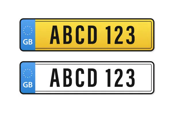 Vector illustration of British uk car license plate template. GB car registration number plate sign design. United Kingdom car plate registration number. European Number plate car. Information sign. Vector illustration