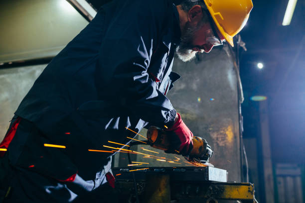 istock Electric wheel grinding on steel structure in factory 1481999647
