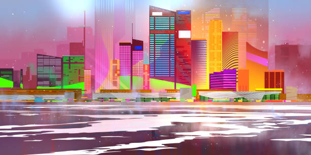 istock painted colorful winter city by the river in cyberpunk style 1482001796