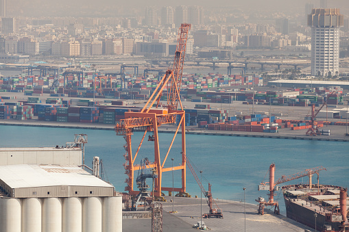 Jeddah, Saudi Arabia - December 22, 2019: Gantry crane is on the coast at Jeddah Islamic Seaport