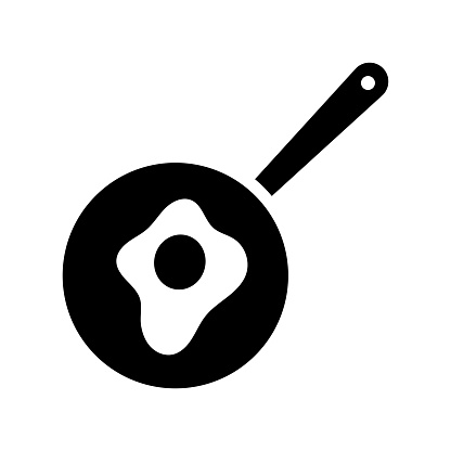 Frying pan with scrambled eggs icon. Black silhouette. Top view in front. Vector simple flat graphic illustration. Isolated object on a white background. Isolate.