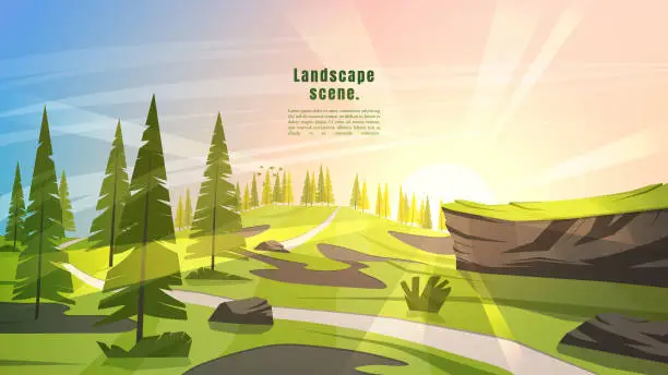 Vector illustration of Vector illustration. Forest trees by hills. Meadow landscape. Graphic modern ecology wallpaper. Colorful abstract art. Minimalist style. Design element for web banner, website template. Countryside