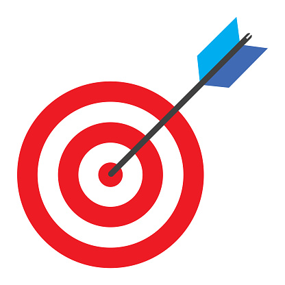 Vector illustration of a red target with and arrow in the center of it on a white background.