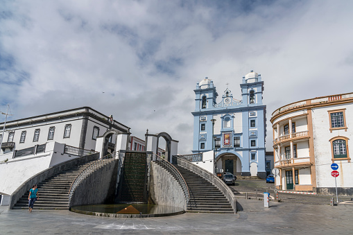 Igreja da Misericórdia, Church of Mercy, low angle view from the port on the stairs, Terceira, Azores