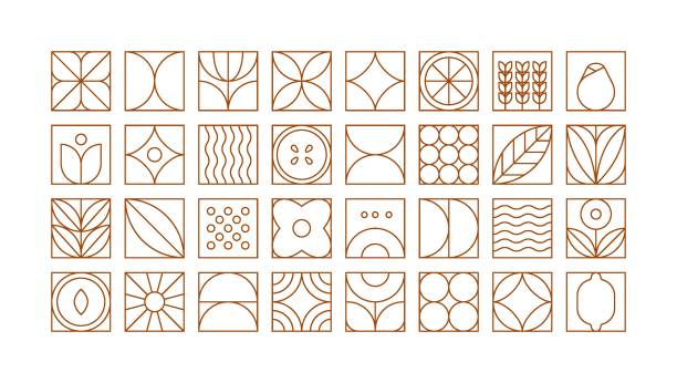 ilustrações de stock, clip art, desenhos animados e ícones de geometric food floral pattern. minimal line natural organic plant fruit shape eco agriculture concept. vector simple set - art deco pattern backgrounds ornate