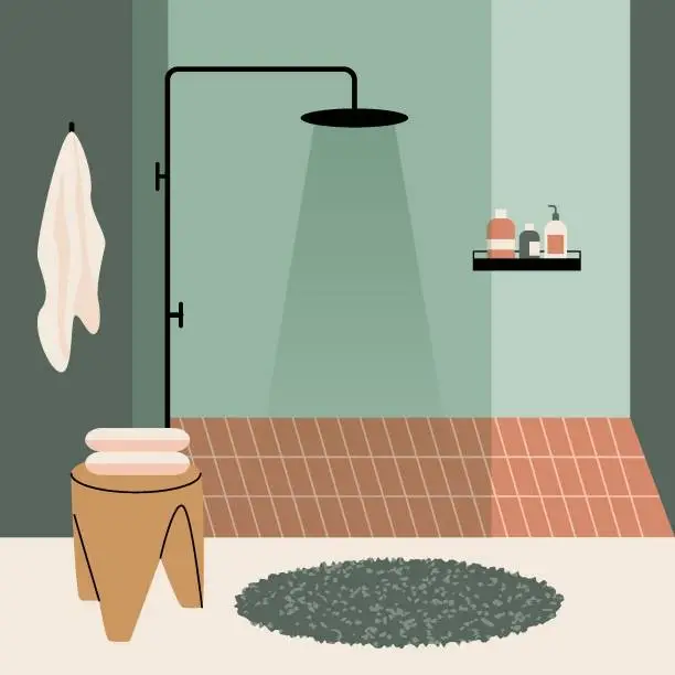 Vector illustration of Modern bathroom interior. Contemporary shower cabin towel bottle holder, bath furniture accessories. Vector illustration