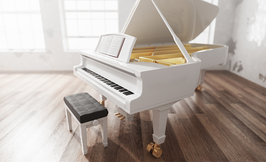 Classic grand piano in classical style room interior. Musical instrument