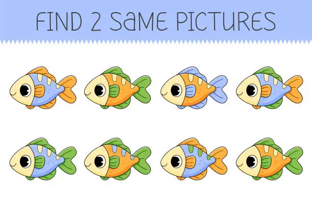 Vector illustration of Find two same pictures is an educational game for kids with fish. Cute cartoon fish. Vector illustration.