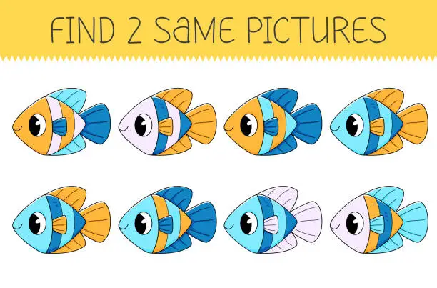 Vector illustration of Find two same pictures is an educational game for kids with cute fish. Cute cartoon fish. Vector illustration.