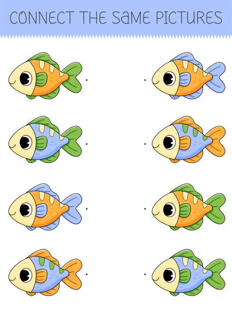 Vector illustration of Connect the same pictures game with cute cartoon fish. Children's game with fish. Vector illustration.