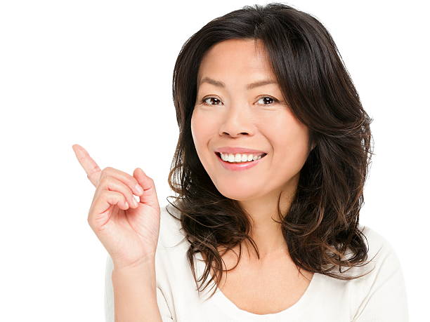 istock Mature asian woman pointing showing 148201731