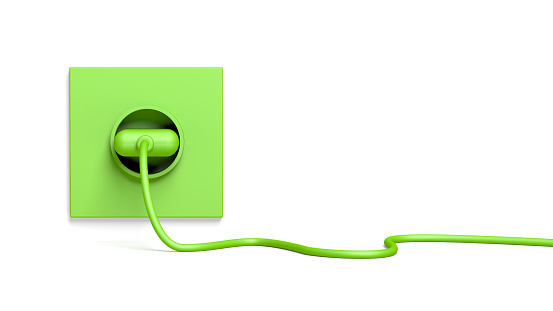 Green plug and socket isolated on white background. Green energy. 3d illustration.