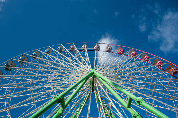 istock Multicolour ferris wheel isolated on blue sky background, Having fun on an amusement fairground park 1482020173