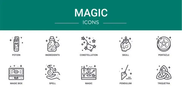 Vector illustration of set of 10 outline web magic icons such as potion, ingredients, constellation, skull, pentacle, magic box, spell vector icons for report, presentation, diagram, web design, mobile app